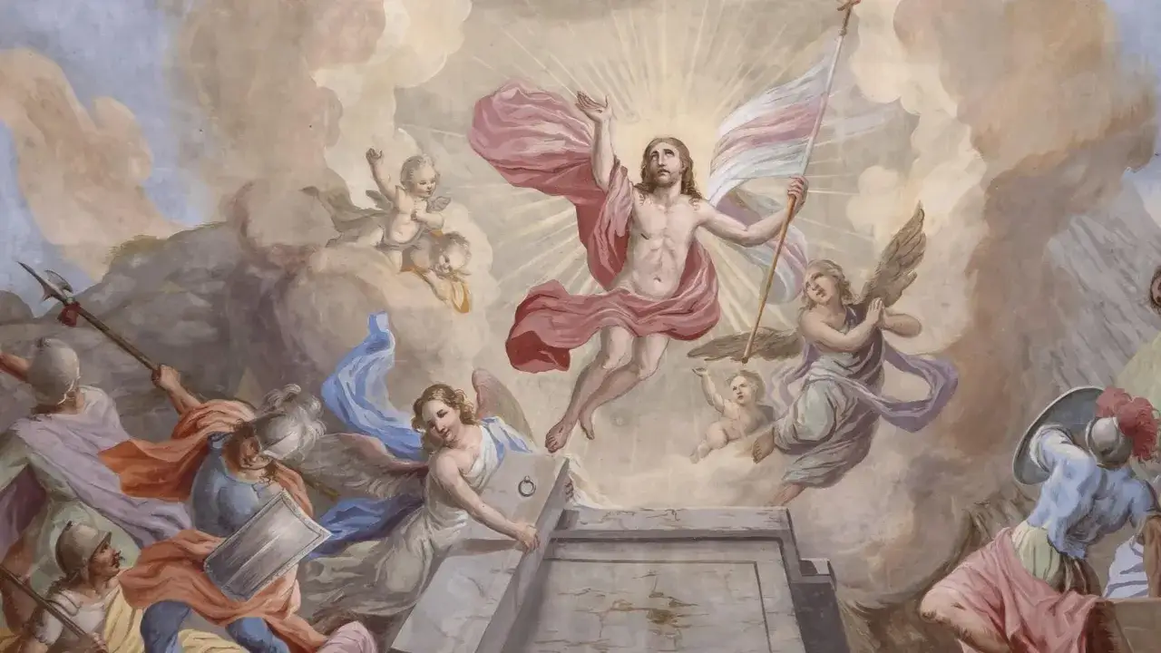 Die Auferstehung Jesu, wie in der Bibel beschrieben: Christus steigt siegreich aus dem Grab empor, umgeben von Engeln und staunenden Soldaten.