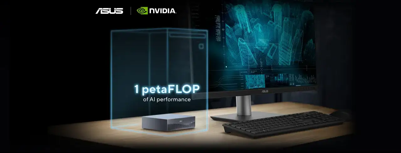 ASUS DGX Spark: kompaktowy system AI z mocą 1 petaFLOP. Na biurku komputer, monitor z wizualizacją miasta i klawiatura.