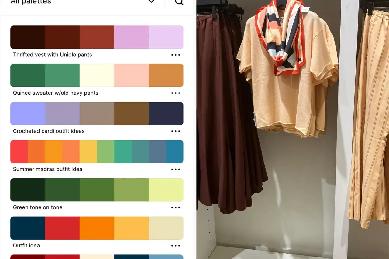 Palette de couleurs pour un pull pêche avec un foulard coloré. Une tenue qui a une couleur qui va avec tout.