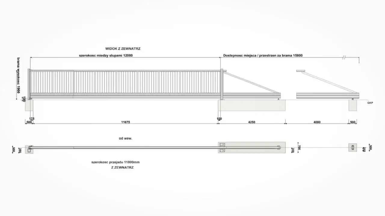 Rysunek techniczny bramy przesuwnej. Szerokość bramy wjazdowej dla tira wynosi 11800 mm, wysokość 1900 mm.