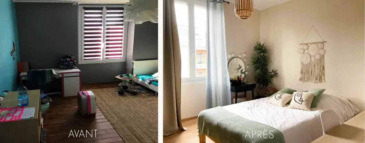 Avant/après : une chambre désordonnée transformée en espace cosy grâce au home staging.