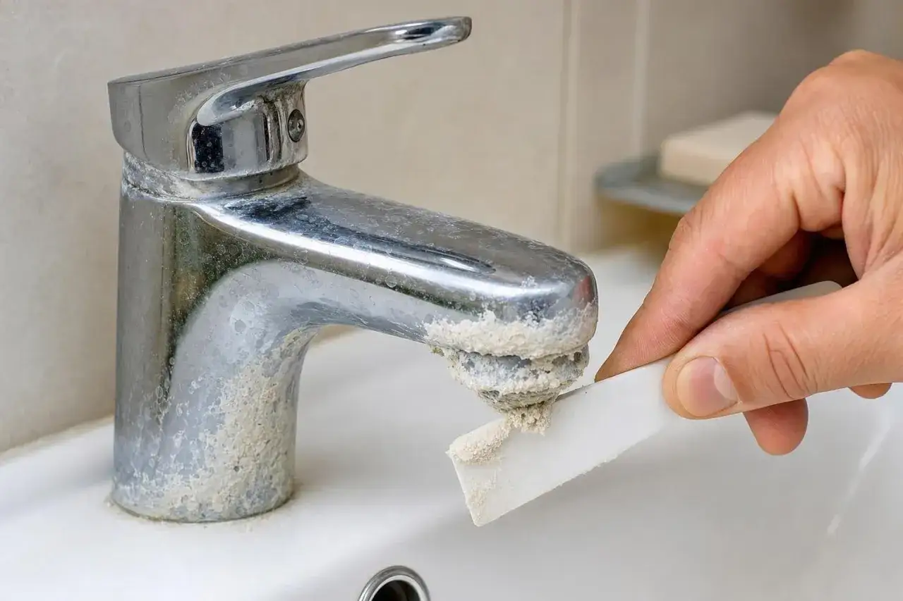 Main tenant enl&egrave;ve le calcaire pour d&eacute;boucher le robinet.