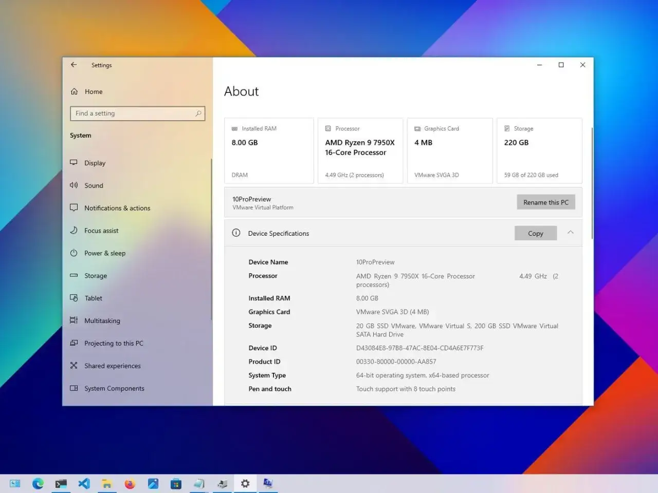 Szczegóły systemu Windows 10: procesor AMD Ryzen 9, 8 GB RAM, 220 GB dysk. Sprawdź, czy Twój sprzęt spełnia wymagania.