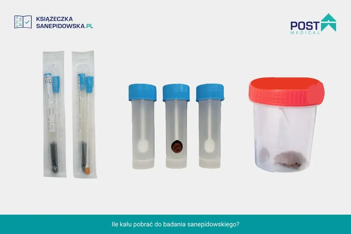 Zestaw do pobierania próbek kału do badań sanitarno epidemiologicznych. W opakowaniach sterylne wymazówki i pojemniki.