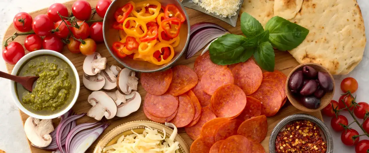 Składniki na pizzę: salami, pepperoni, pomidorki, pieczarki, oliwki, bazylia, ser, sos pesto, papryka.
