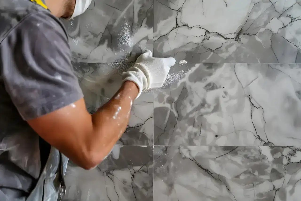 A person in gloves applies new grout over old grout on a marble-patterned tiled wall.
