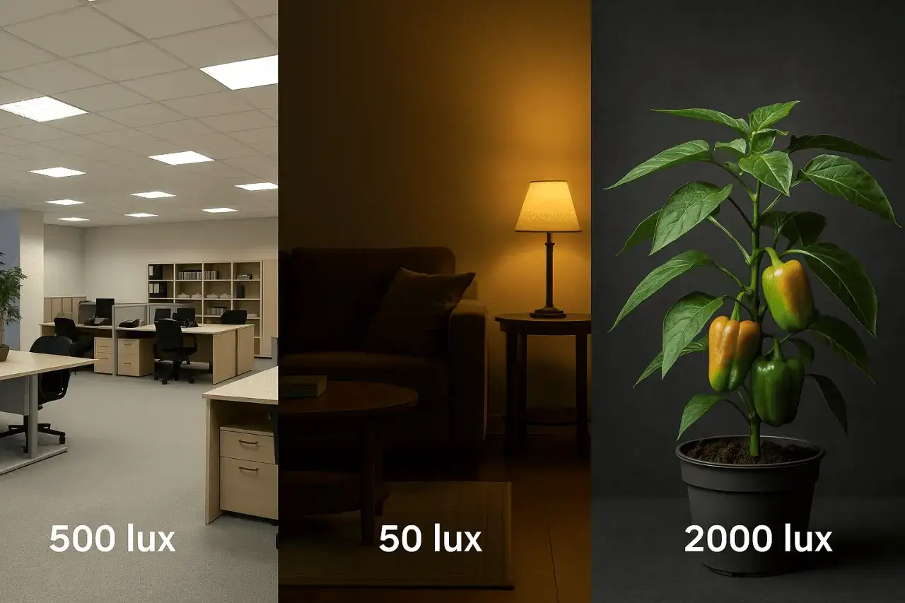 Oficina iluminada (500 lux), sala acogedora (50 lux) y pimiento creciendo bajo luz intensa (2000 lux). El lux mide la intensidad de la luz.