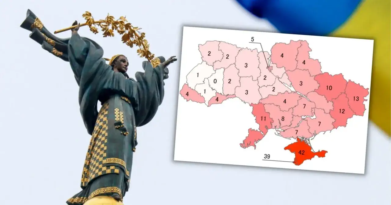 Pomnik Bohaterki w Kijowie i mapa Ukrainy z danymi. W którym roku powstało państwo ukraińskie?