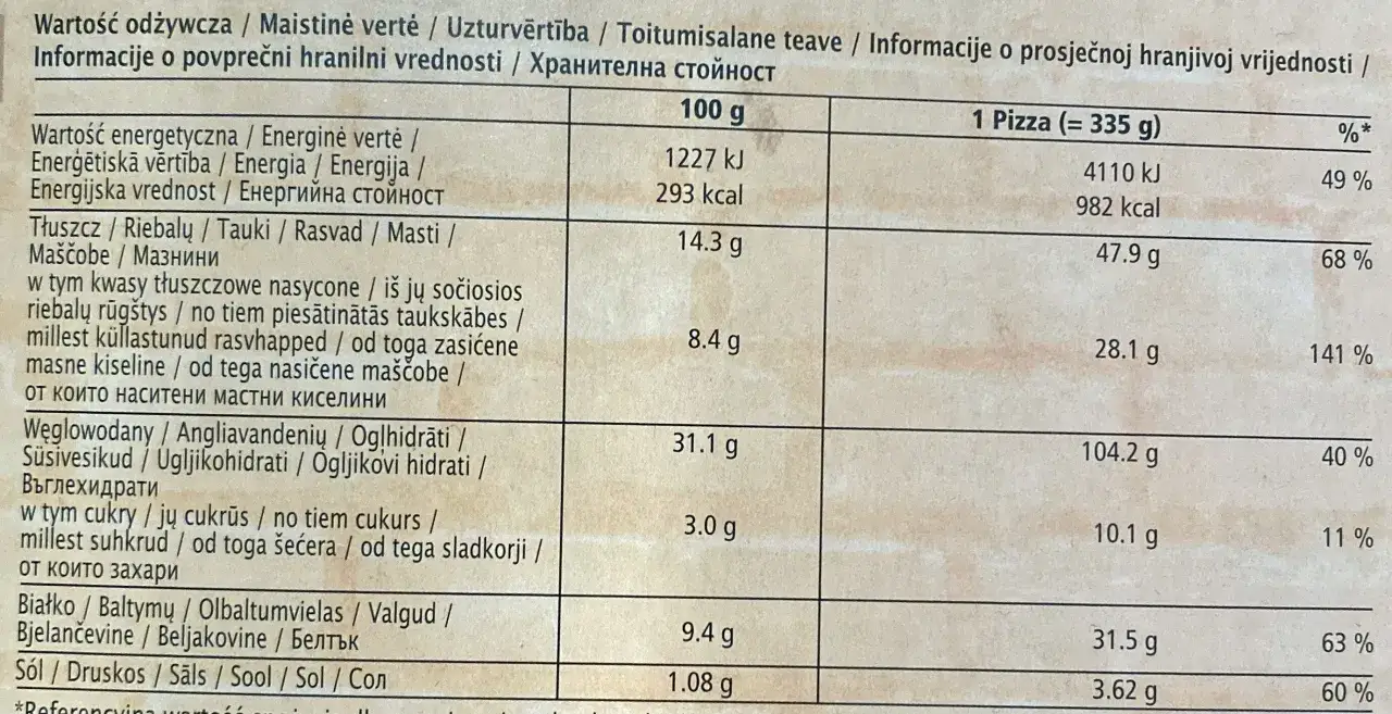 Pizza Guseppe 4 sery opakowanie tabela wartości odżywczych