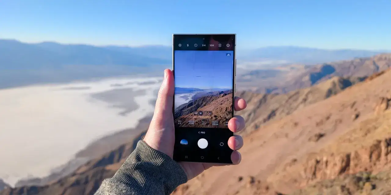 Ręka trzyma smartfon z włączoną aplikacją do edycji zdjęć na Androidzie, kadrując pustynny krajobraz.