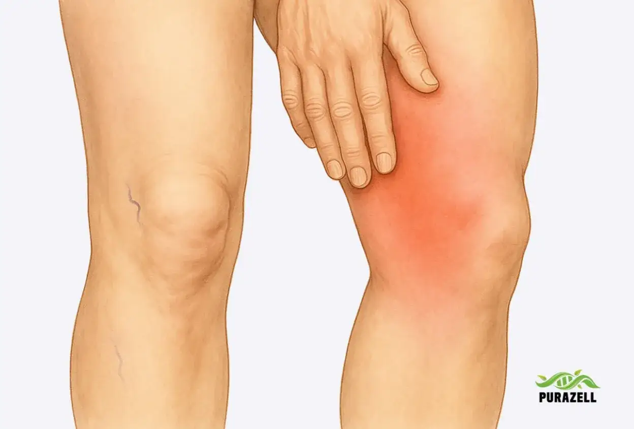 Rotes, geschwollenes Bein, Hand tastet schmerzende Stelle ab. Mögliche thrombophlebitis symptome.