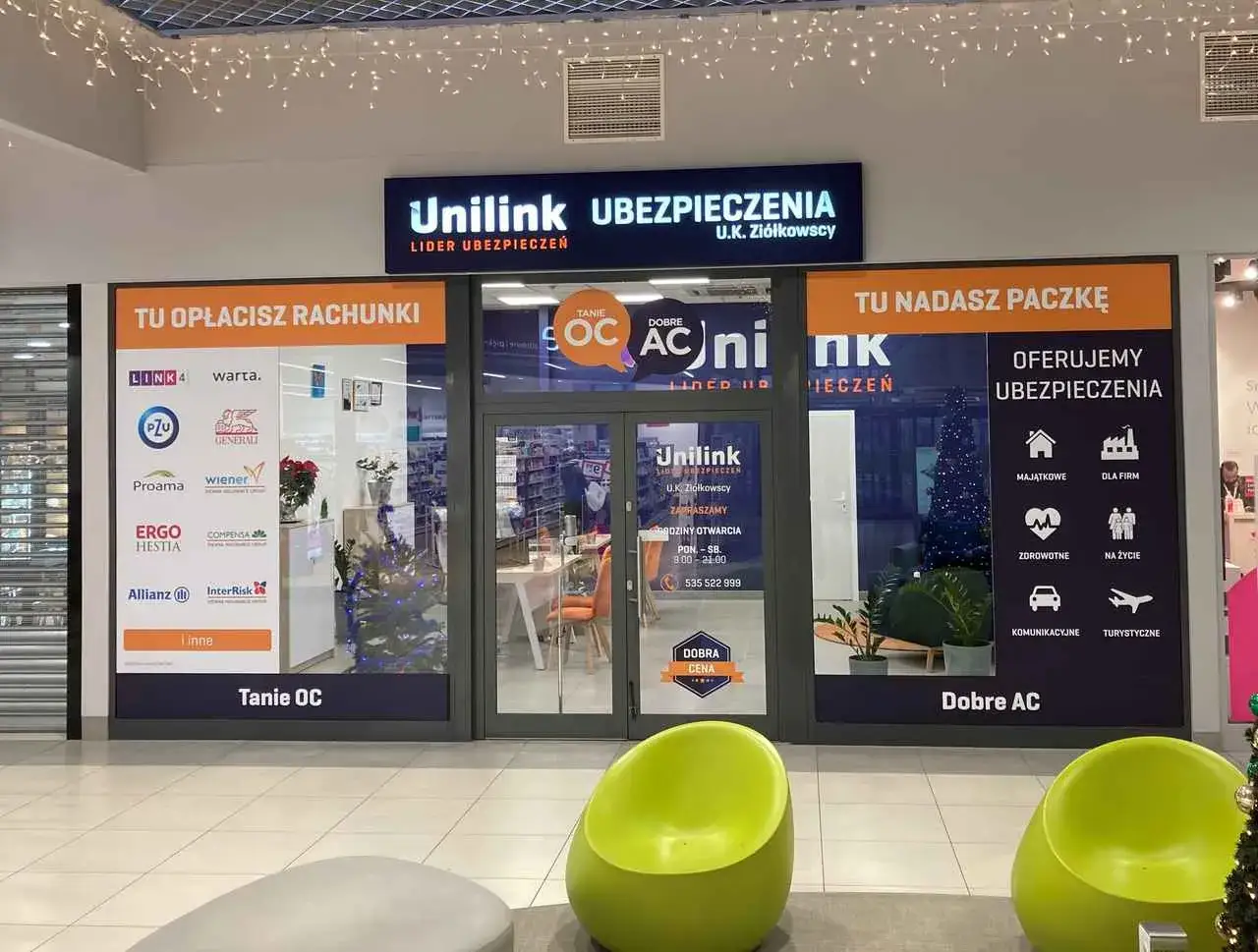 Witryna biura ubezpieczeniowego Unilink z logotypami różnych ubezpieczycieli i ofertą ubezpieczeń.