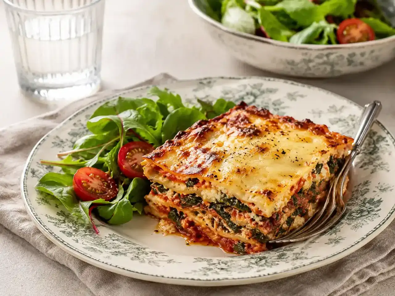 En saftig bit lasagne vegetarisk med spenat och ost, serverad med en fr&auml;sch sallad och tomater.