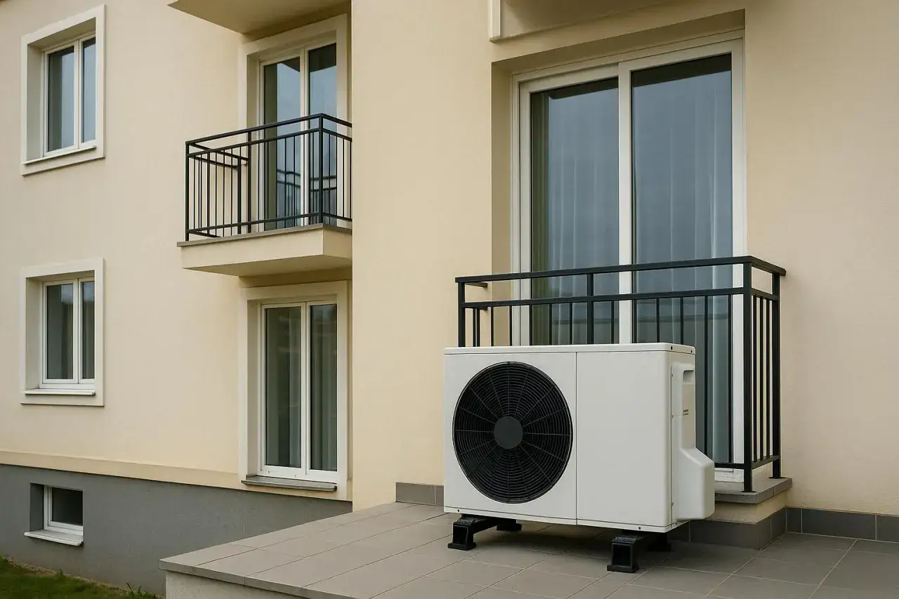 Unit&eacute; de pompe &agrave; chaleur hybride sans unit&eacute; ext&eacute;rieure install&eacute;e sur un balcon.