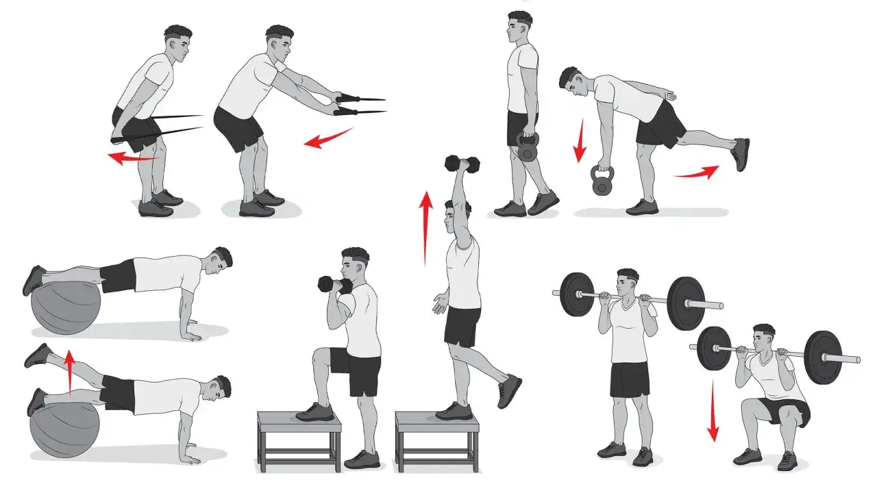Ilustracje pokazują różne ćwiczenia na siłowni: z gumą, hantlami, kettlebell, na piłce gimnastycznej, na skrzyni i ze sztangą.