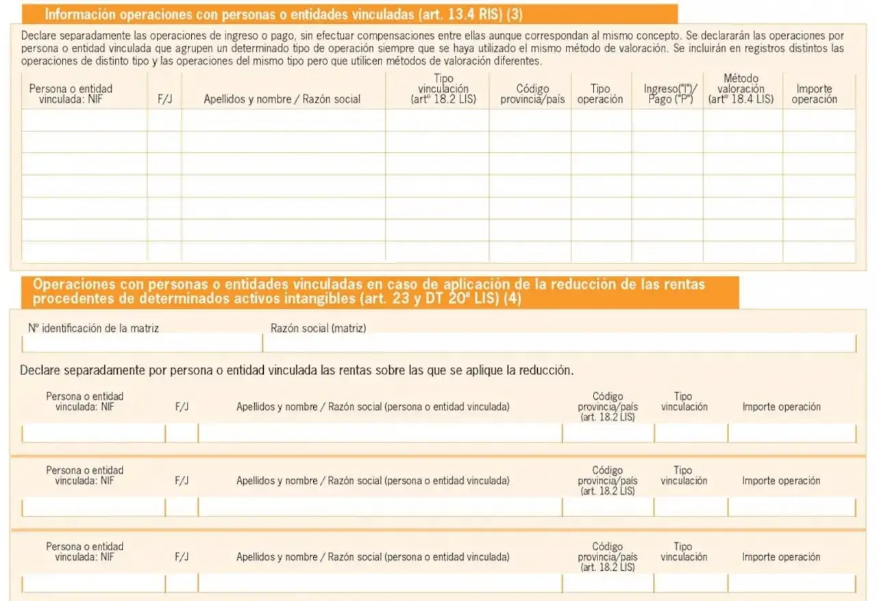 Formulario para declarar operaciones con personas o entidades vinculadas, incluyendo el modelo 232.
