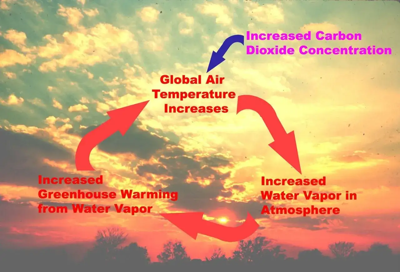 Schéma montrant l'augmentation de la température globale de l'air, la concentration de CO2, et la **humidité dans l'air** due à la vapeur d'eau.