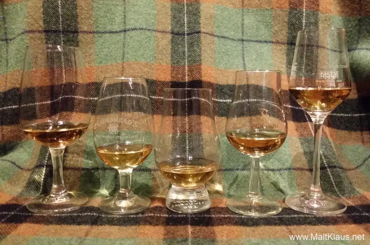 Fünf Gläser mit bernsteinfarbenem Whisky, darunter Bourbon und Scotch, stehen auf kariertem Stoff.