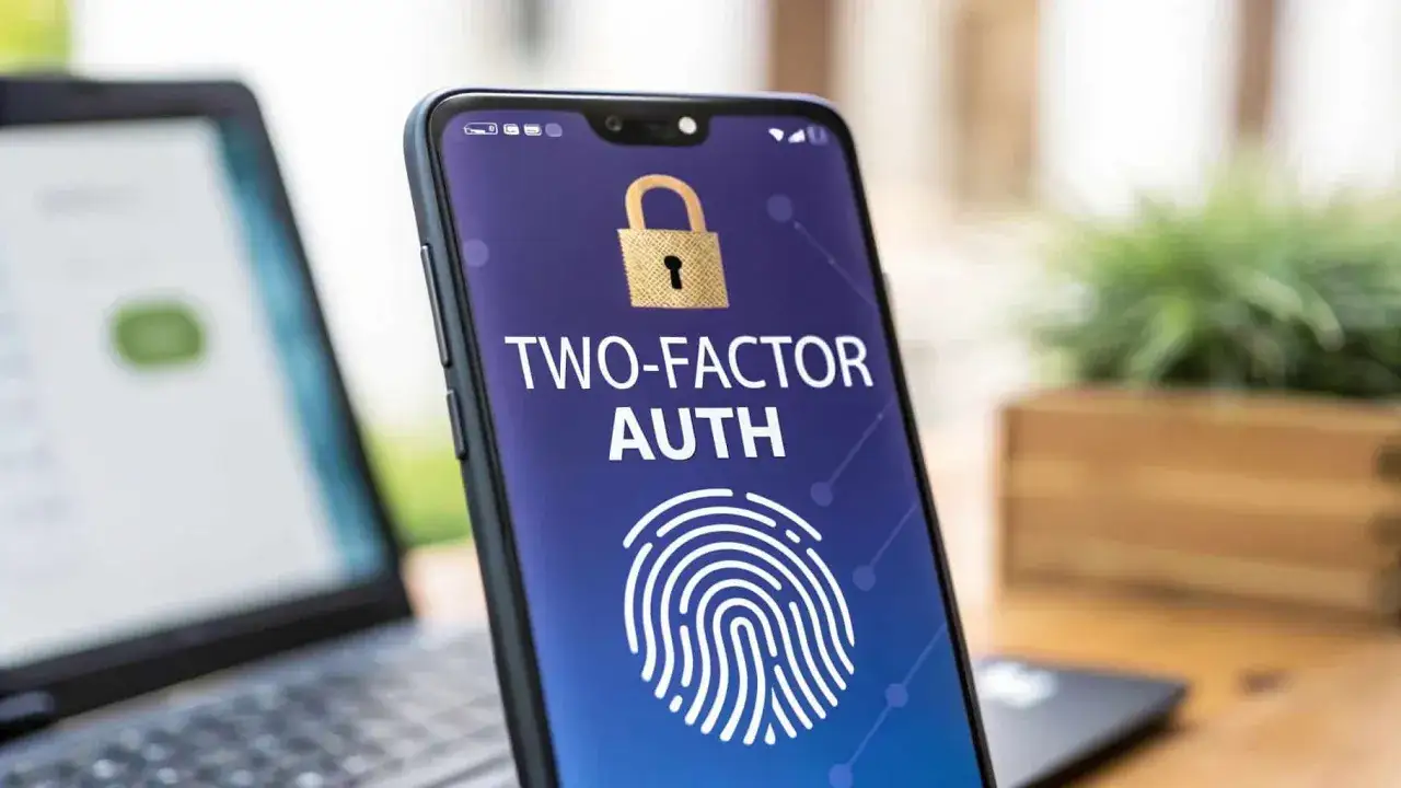 Zwei-Faktor-Authentifizierung auf einem Smartphone sch&uuml;tzt vor dem **Konto hacken**. Ein Fingerabdrucksymbol und ein Schloss symbolisieren Sicherheit.