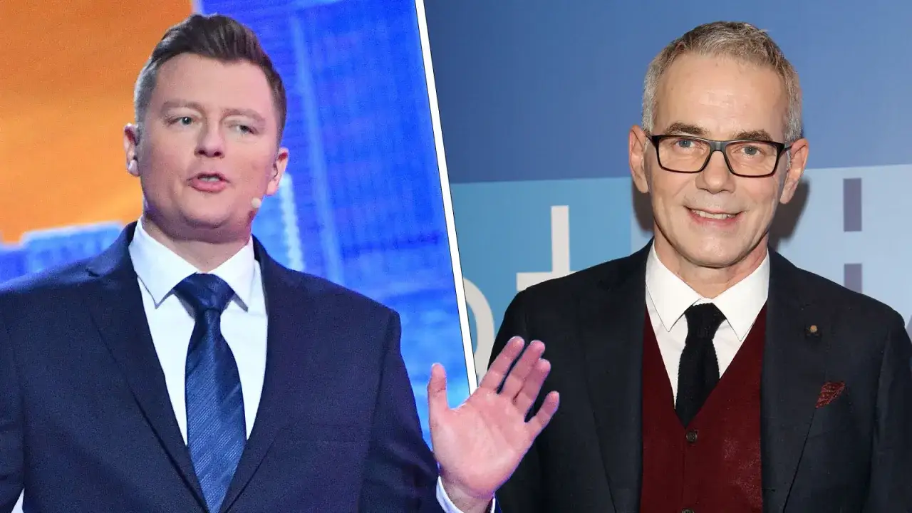 Czy program Jaka to melodia zostanie skasowany z powodu spadku oglądalności? Na zdjęciu Robert Janowski i Tomasz Kammel.