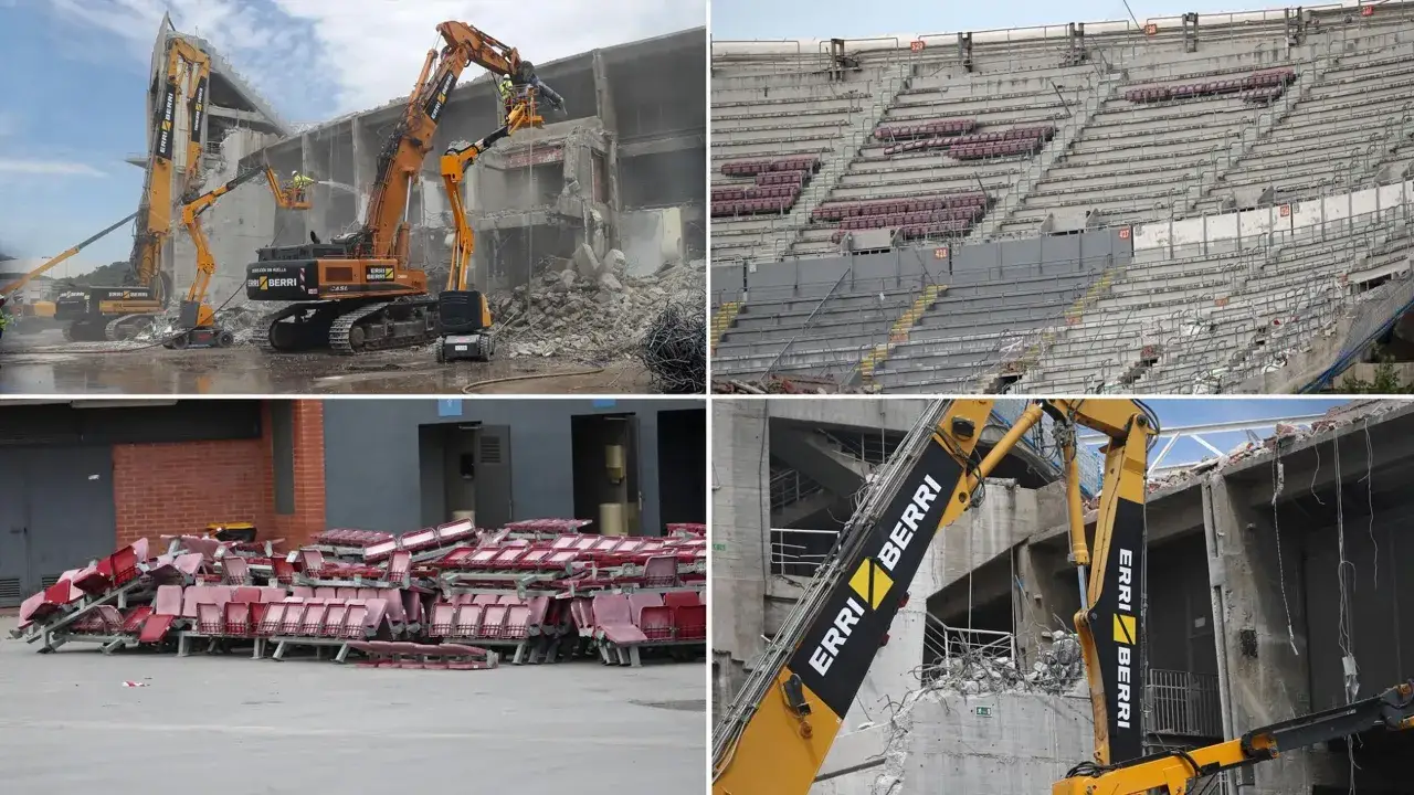 Trwa remont Camp Nou. Koparki burzą trybuny, a stosy czerwonych siedzeń czekają na utylizację.