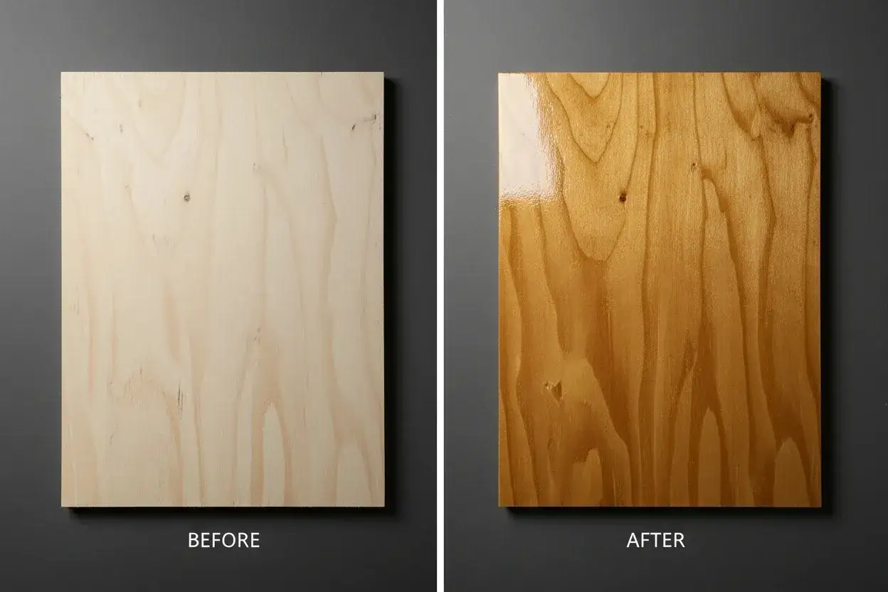 Contraste entre un mueble contrachapado sin tratar y otro con un acabado brillante y c&aacute;lido. El antes muestra la madera clara, el despu&eacute;s resalta su veta al pintar mueble contrachapado.