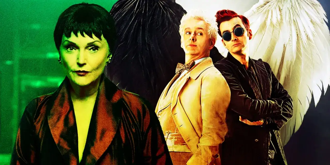 Die Charaktere der **good omens staffel 3** sind zu sehen: eine Frau mit dunklem Haar, ein Mann in Beige und ein Mann mit roten Haaren und Sonnenbrille, flankiert von Fl&uuml;geln.