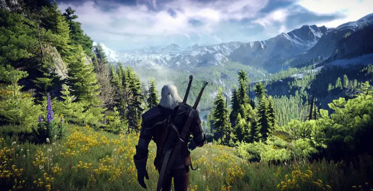 Geralt z Rivii na tle górskiego krajobrazu, z mieczami na plecach. Piękny widok, jakby stworzony przez najlepsze mody do Wiedźmina 3.