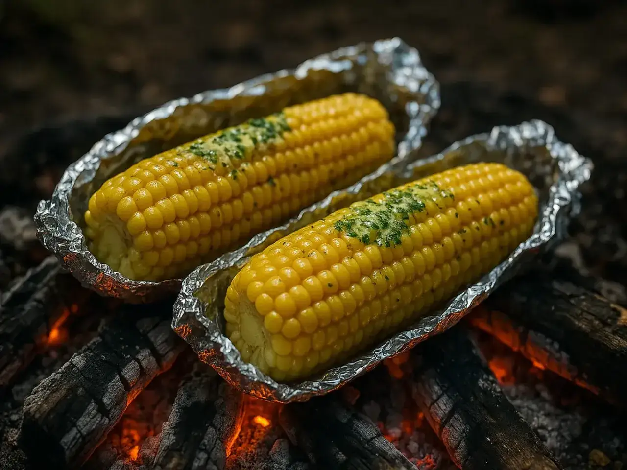 Zwei Maiskolben in Alufolie, mit Kräutern bestreut, werden über glühender Kohle gegrillt. Ein Genuss für jeden Grillabend!