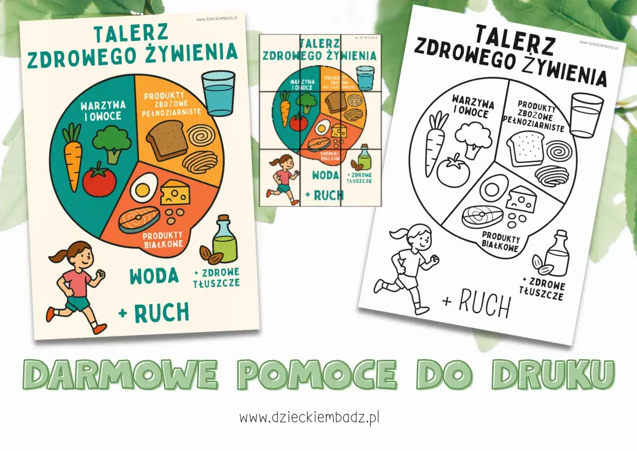 Talerz zdrowego żywienia z podziałem na warzywa, owoce, produkty zbożowe, białkowe, wodę, ruch i zdrowe tłuszcze.