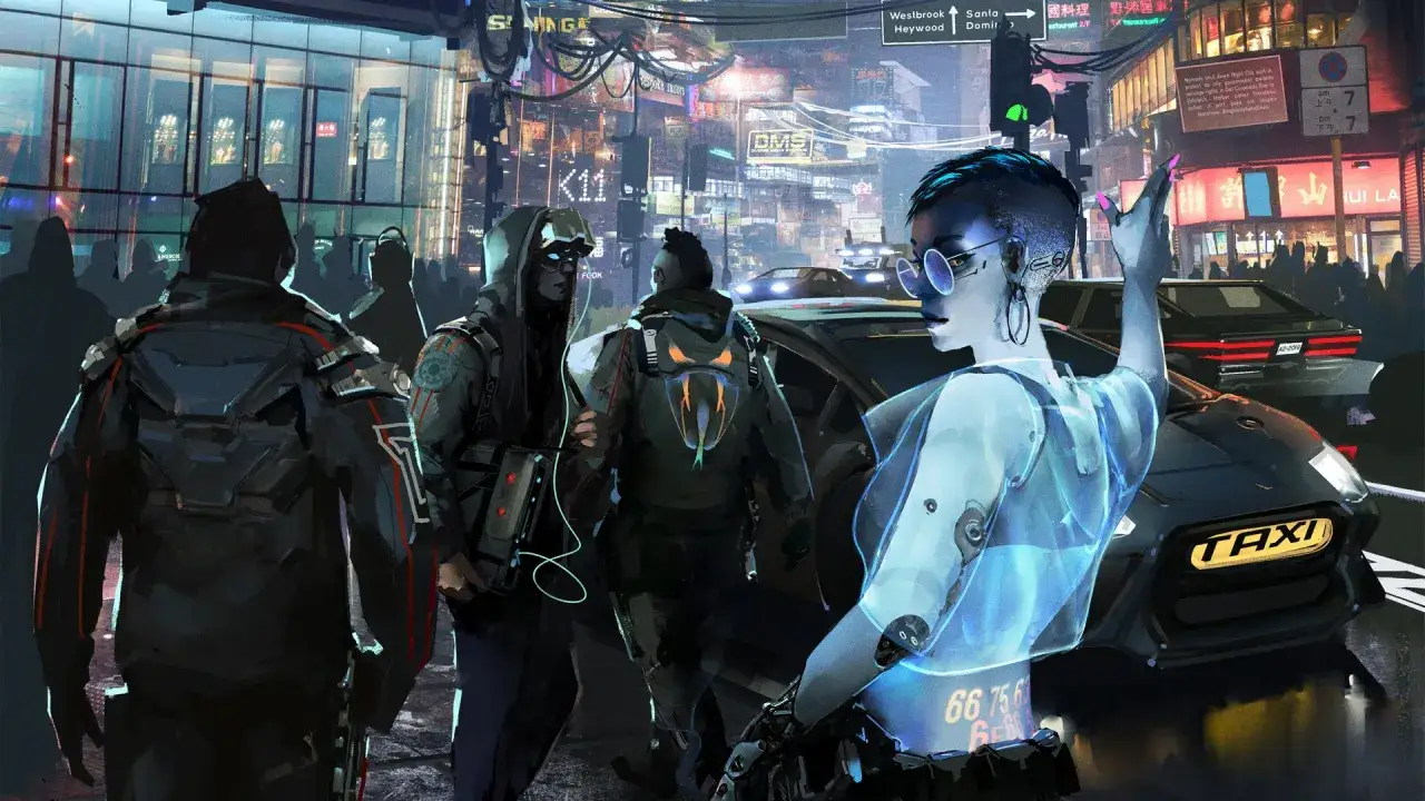 Nocny cyberpunkowy krajobraz, jak z wizji Mike'a Pondsmitha. Postacie w futurystycznych strojach, neonowe światła i latające taksówki.