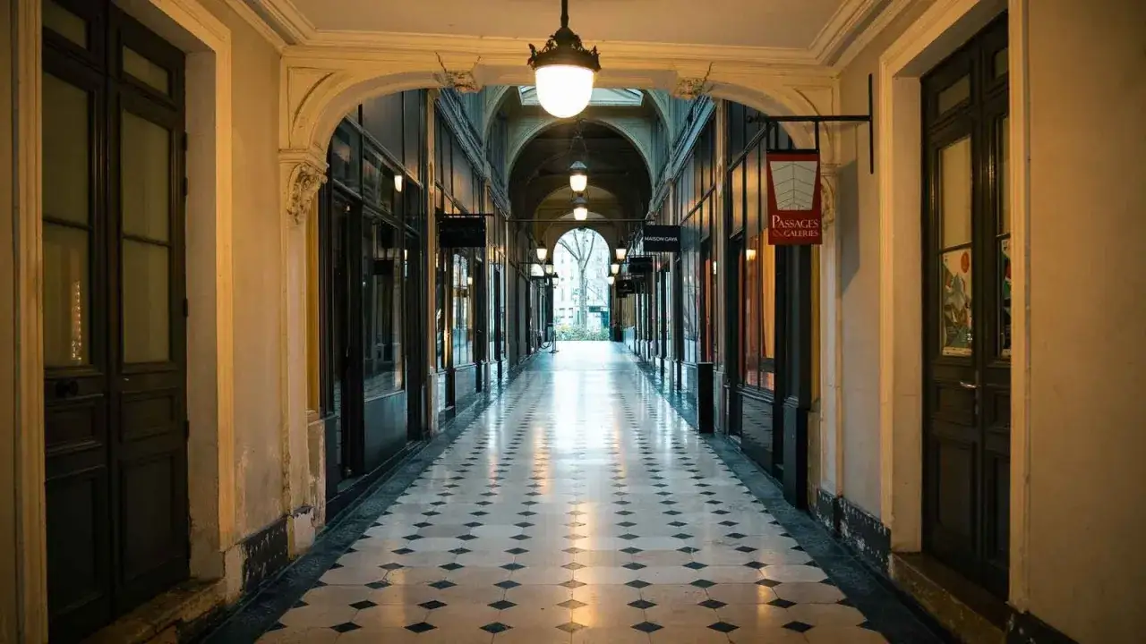 Urokliwy pasaż handlowy w Paryżu, z mozaikową posadzką i witrynami sklepów. Może tu czekać pyszna **madeleine**.