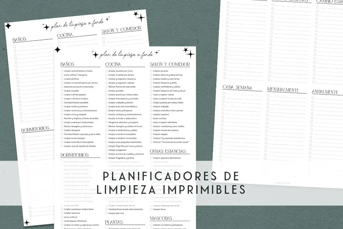 Plan de limpieza a fondo con cuadrante de limpieza semanal, mensual y anual. Incluye tareas para baños, cocina, dormitorios, salón, comedor y otras estancias.
