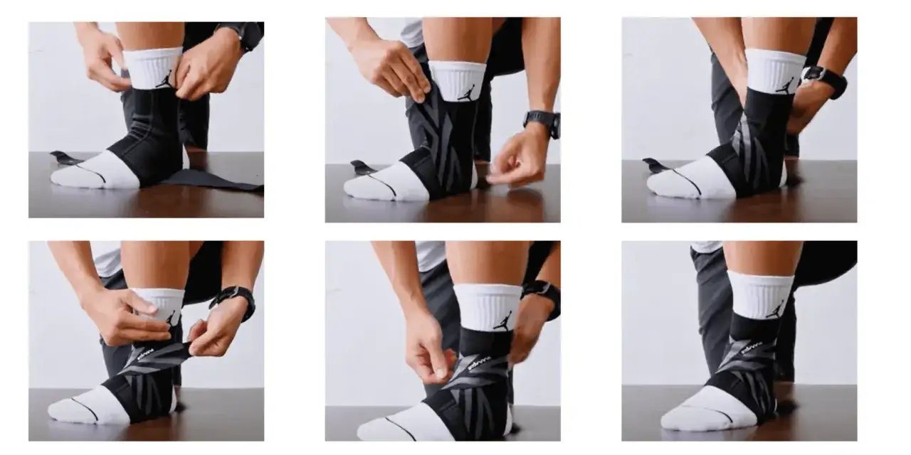 Schritt-für-Schritt-Anleitung zum Anlegen einer Bandage OSG. Ein Fuß mit weißem Socken und schwarzer Bandage wird gezeigt.