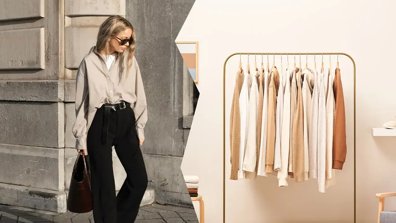 Mujer con estilo minimalista junto a un armario cápsula de tonos neutros.