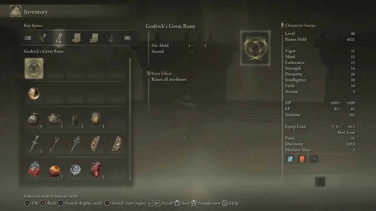 Elden Ring: Godrick's Wielkie Runy, przedmiot zwiększający wszystkie atrybuty. Gracz posiada 6521 run.