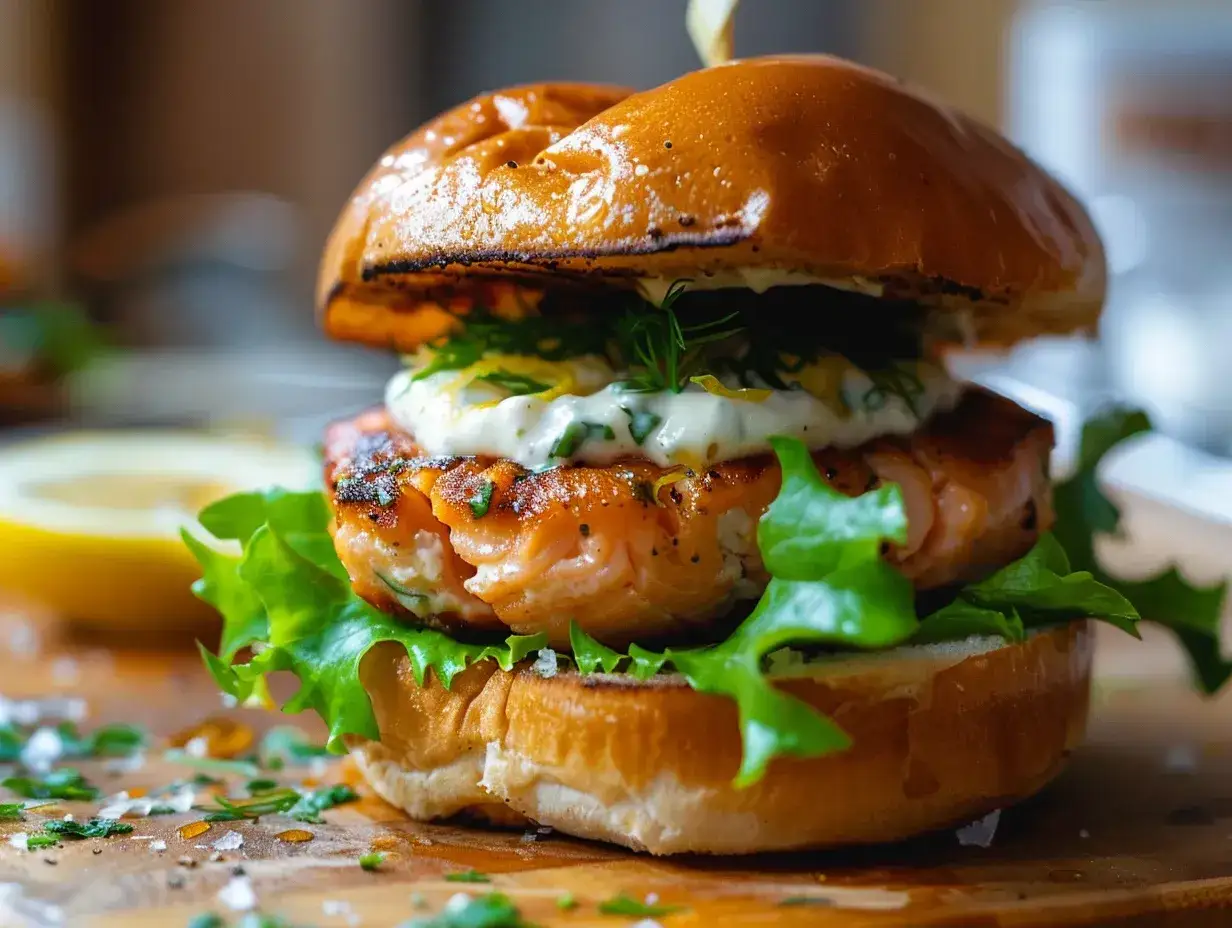 En saftig laxburgare med kr&auml;mig s&aring;s och f&auml;rska &ouml;rter. Ett perfekt laxburgare recept f&ouml;r en god middag.