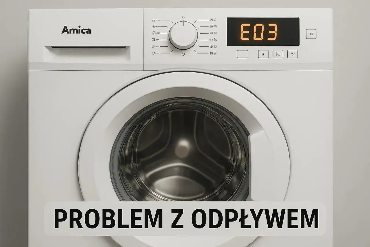 Pralka Amica wyświetla błąd E03, co oznacza problem z odpływem.