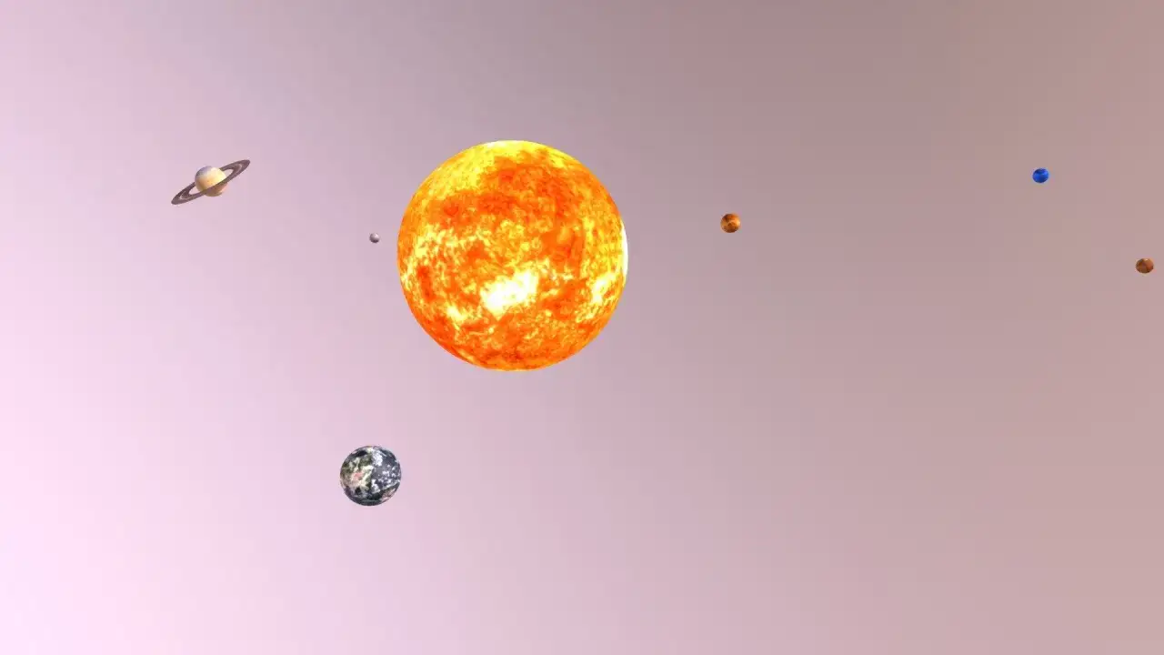 Trójwymiarowy układ słoneczny z Słońcem, Ziemią, Saturnem i innymi planetami.