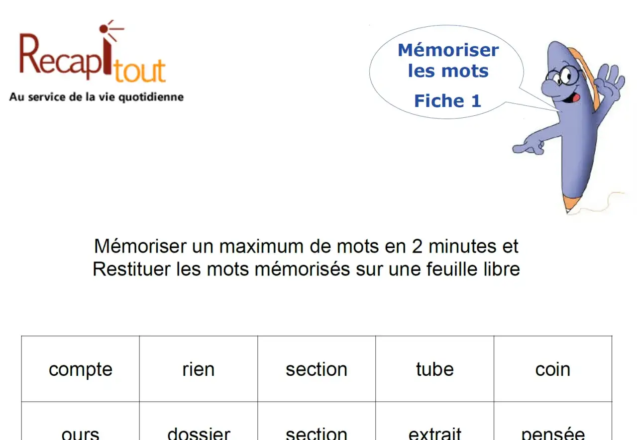 Fiche d'exercices pour la concentration : jeux de logique &agrave; imprimer avec des mots &agrave; m&eacute;moriser.