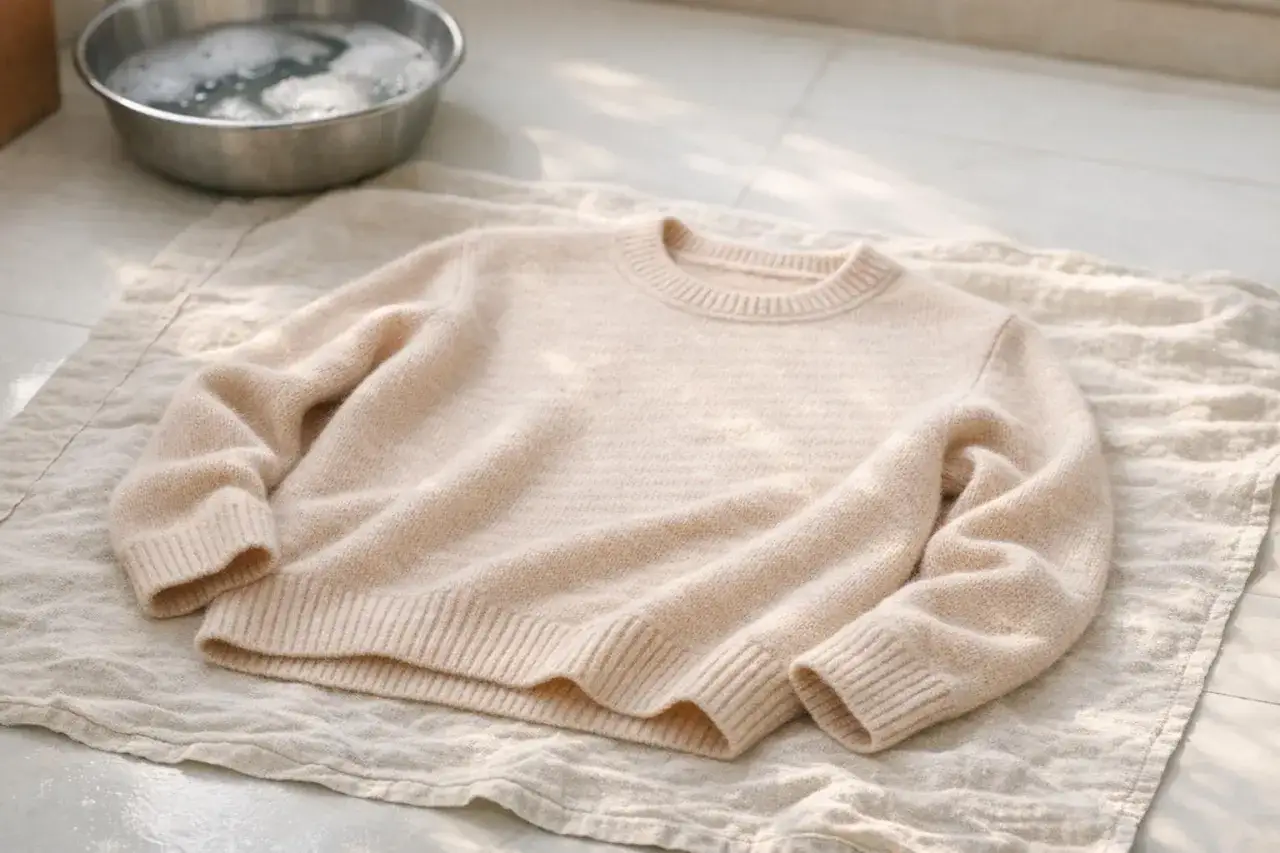 Un pull en laine beige est pos&eacute; sur une serviette, pr&ecirc;t &agrave; laver la laine. Un bol d'eau savonneuse est &agrave; proximit&eacute;.