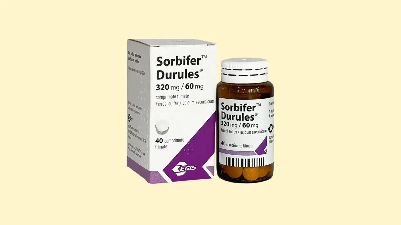 Opakowanie i butelka leku Sorbifer Durules, stosowanego na niedobór żelaza. Zawiera 40 tabletek.