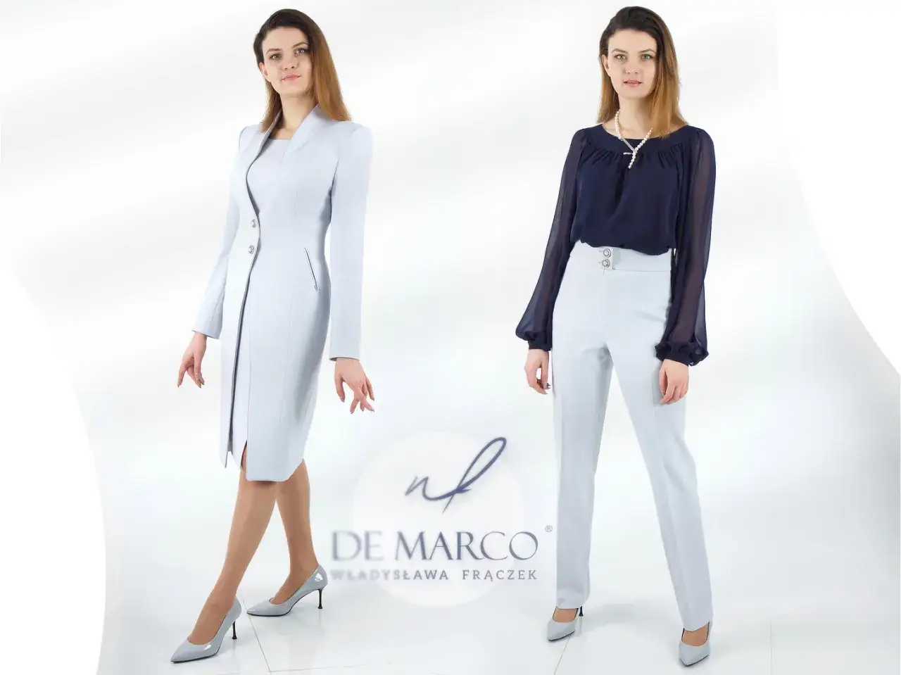 Elegancki dress code biznesowy damski: jasnoszara sukienka ołówkowa i jasnoszary garnitur z granatową bluzką.