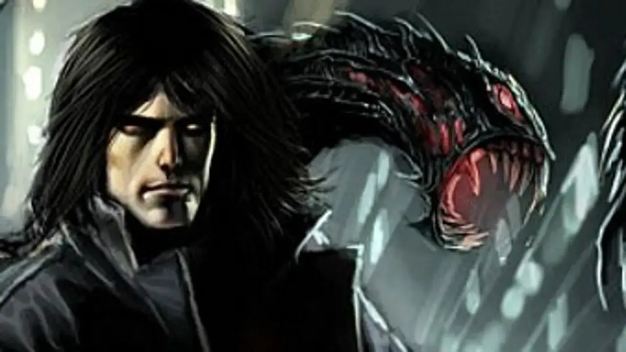 Mroczna postać z długimi włosami i potworny stwór z ostrymi zębami, jak z gry The Darkness 2.