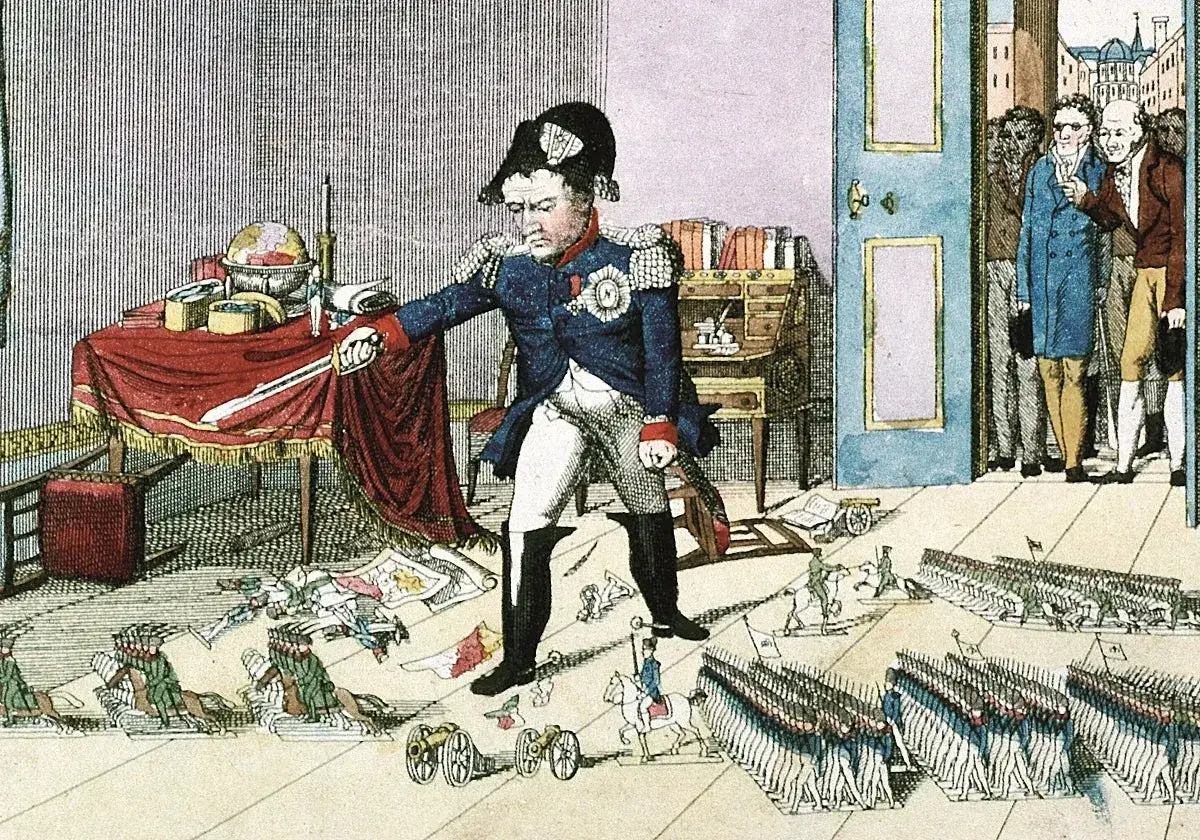 Napole&oacute;n, con su caracter&iacute;stica vestimenta, parece medir su estatura ante un globo terr&aacute;queo. A sus pies, miniaturas de soldados y ca&ntilde;ones sugieren sus ambiciones.