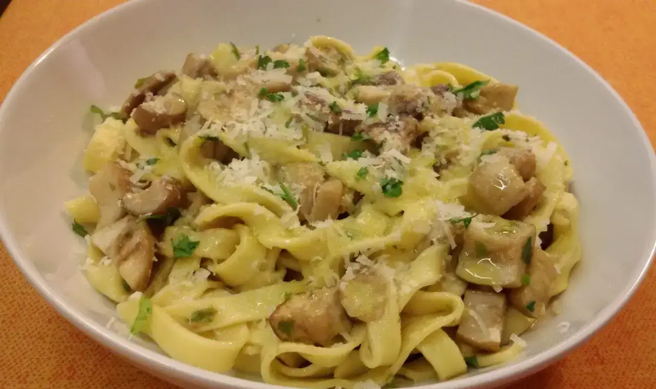 Tagliatelle ai funghi porcini, un piatto cremoso e profumato, guarnito con prezzemolo fresco e parmigiano grattugiato.