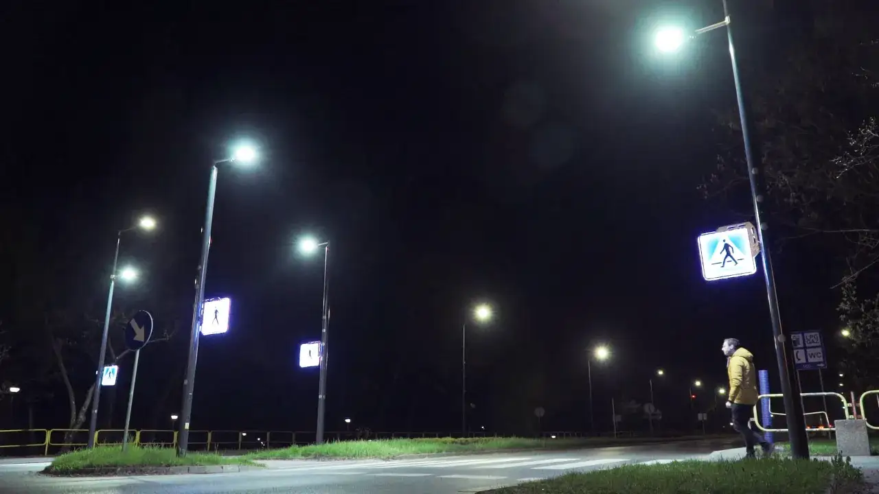 Nocne doświetlenie przejść dla pieszych zapewnia bezpieczeństwo. Widać tu kilka znaków z piktogramem pieszego, oświetlonych lampami ulicznymi.