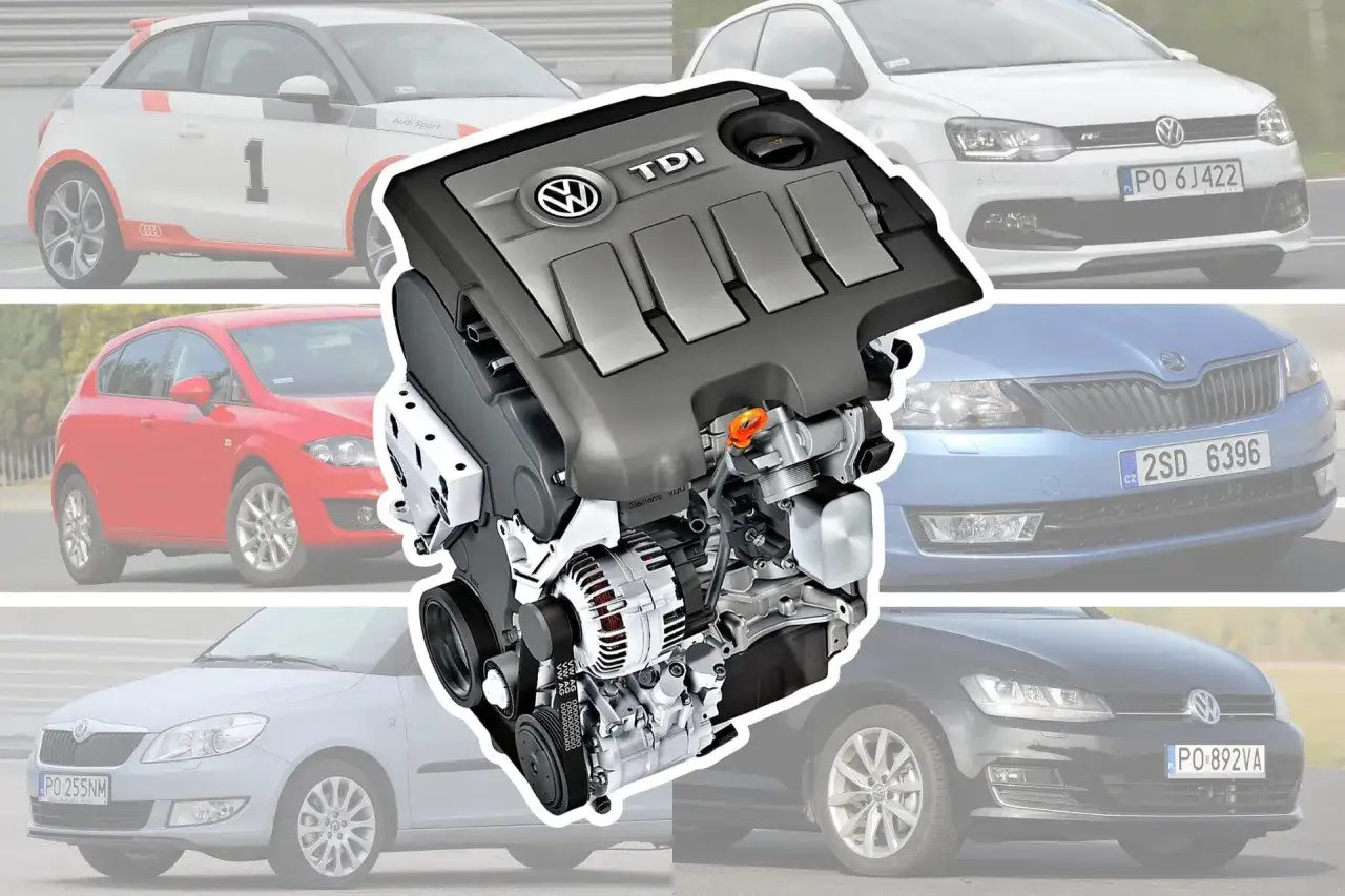 Silnik 1.6 TDI w centrum, otoczony samochodami Audi, VW Polo, Seat, Skoda Fabia i VW Golf.