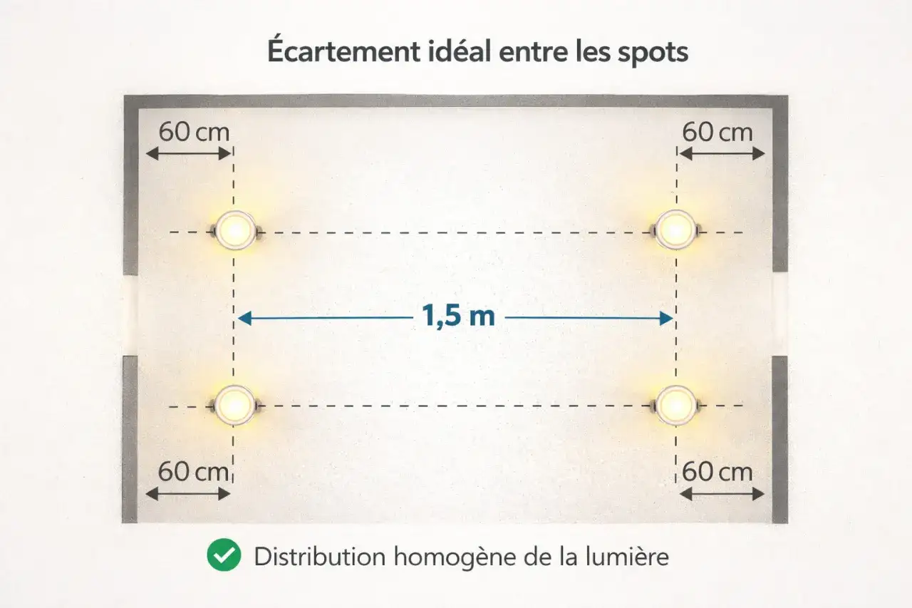 Répartition idéale des spots : 60 cm des bords, 1,5 m entre eux pour une lumière homogène. Combien de spot par disjoncteur ? L'image montre 4 spots.