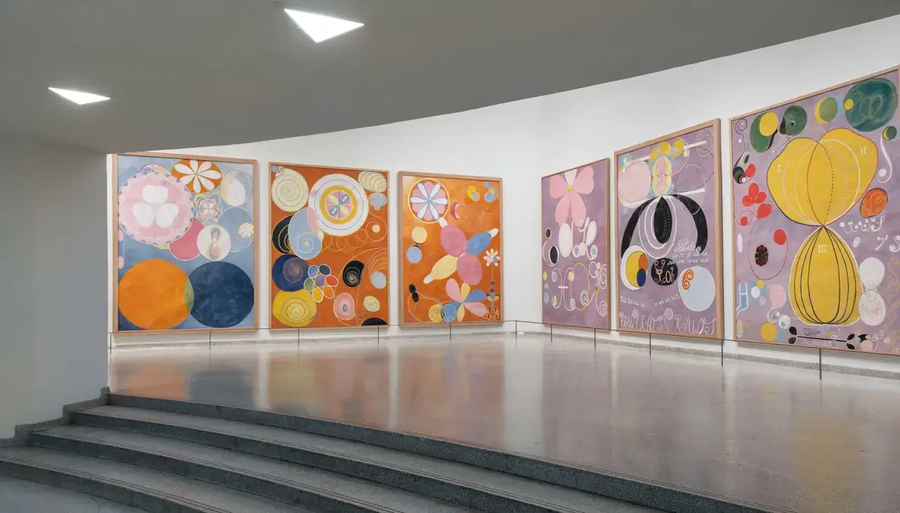 En rad färgstarka målningar av Hilma af Klint visas i ett galleri. De abstrakta formerna och symbolerna skapar en himmelsk känsla.